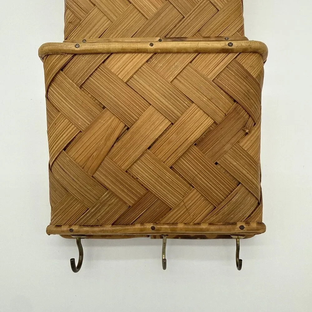 Vintage Bamboo Woven Letter Holder Wall Storage Herringbone Hong Kong